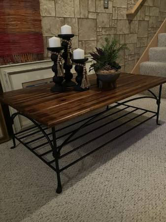 Rustic Solid Wood Top & Wrought Iron Base Coffee Table 1