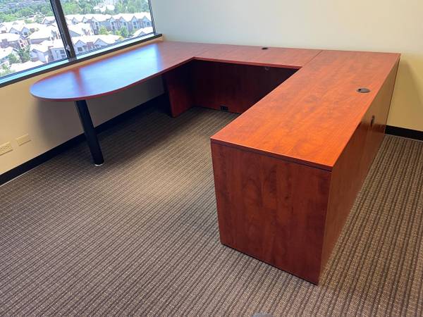 U-Shape Peninsula Desk with Cherry Laminate Finish 1