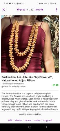 Puakenikeni 20" Lei (Papale) OR Lei Po'o – Life‐like Clay Flower 1