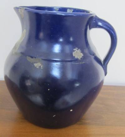 FARM HOUSE BLUE STONEWARE  PITCHER 1