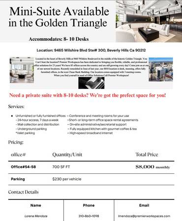 BEAUTIFUL, PRIVATE Mini Suite available in BH Golden Triangle! 700SqFt 1