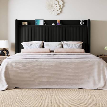 Queen Size Platform Bed Frame with USB Charging Station and Storage Shelf/Uphols 1