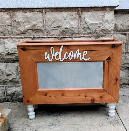 One of a kind cedar and steel "welcome" planter - $145 (Monroe)