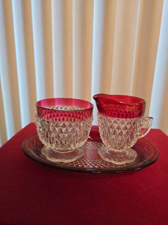 Diamond Point Ruby Creamer Sugar and Tray 1