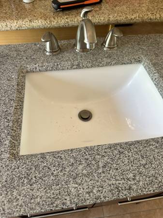 Bathroom cabinet, faucet and lighted mirror with over head light 1