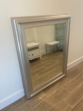 Large Silver Framed Mirror, 39.5" X 50", Good Condition 1