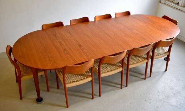 Extra-long Danish teak extendable dining set (table, ten chairs) 1