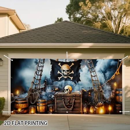 1pc Halloween Pirate Ship Garage Door Decoration - Skull Flag 1