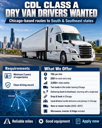 🚛 CDL CLASS A DRY VAN DRIVERS WANTED  75c per mile– CHICAGO, IL 🚛 1