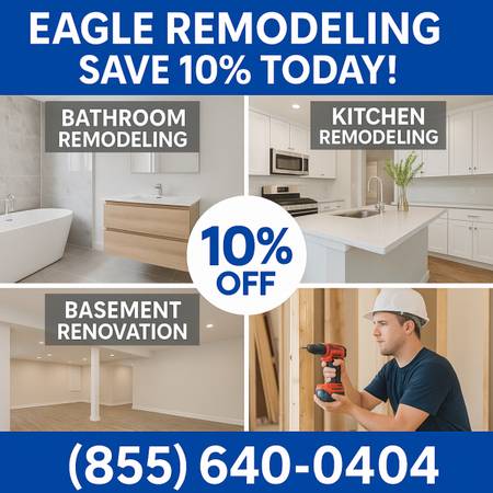 10% OFF Bathroom, Kitchen & Basement Renovations! 240-266-8317 1