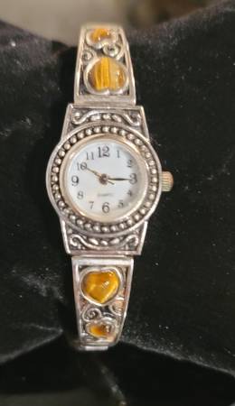 Love And Hearts Brown Stone Silver Tone Quartz Watch With Metal Expand 1