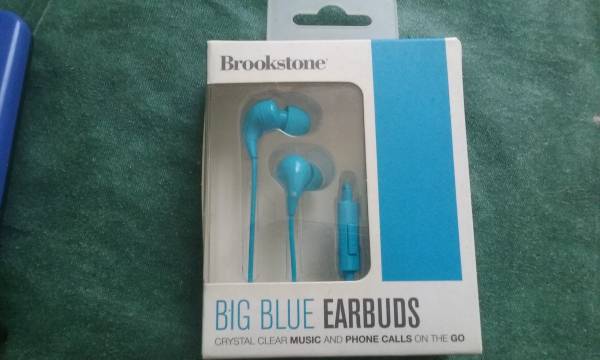 Big Blue Earbuds Brookstone  BRAND NEW in BOX Music Headphones 1