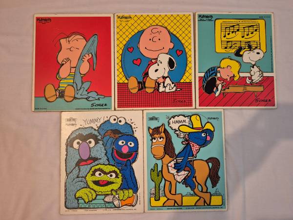 Vintage Playskool Peanuts and Sesame Street Wood Puzzles 1