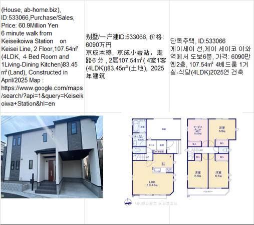 Price:  Yen60,900,000(House, ab-home.biz ),Keiseikoiwa Station京成小岩车站 1