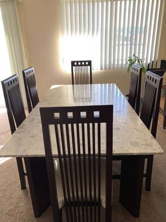 Contemporary Solid Marble Top Dining Table With 6 Matching Wood Chairs 1