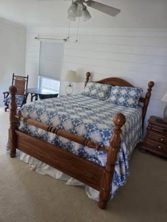 Queen bed, wardrobe, nightstand, half round end table 1