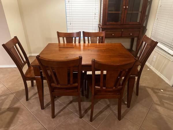 Dining table, chairs and hutch- solid wood Malaysia built 1