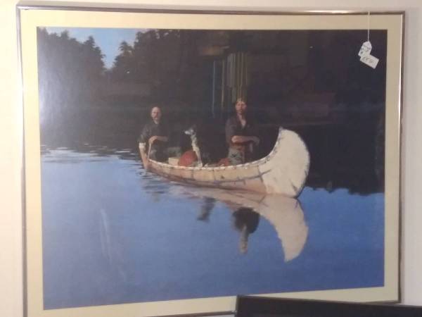 large framed wilderness print under glass canoe river husky blue 1