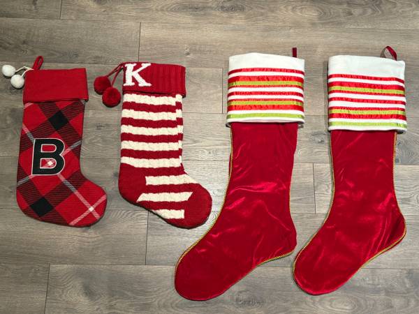 Christmas Stockings, Monogram Knit K & Plaid B, Large Velvet LIKE NEW 1