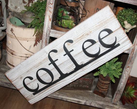 NEW Large Rustic Distressed Farmhouse Wood & Steel COFFEE Kitchen Sign 1