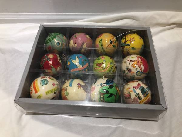 Vntg Crate & Barrel Paper Mache 12 Days Of Christmas Ball Ornaments 1