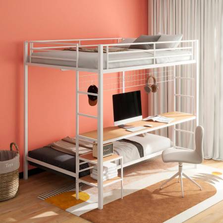 Full over Twin Workstation Loft Bed in White Metal Finish! 1