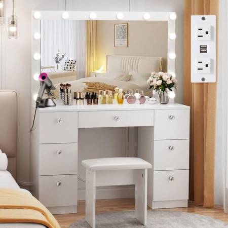 Vanity with Lighted Mirror - Makeup Vanity Desk with Power Outlet and 7 Drawers, 1