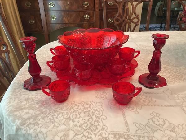 Clear Red Punchbowl, Cups and Candlesticks 1