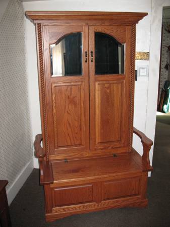 BEAUTIFUL SOLID OAK RAISED PANEL HALL TREE COAT RACK BENCH NICE! 1