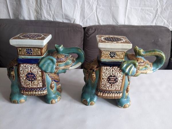 2 Hollywood Regency Chinese Green Elephant Garden Plant Stand / Seats 1