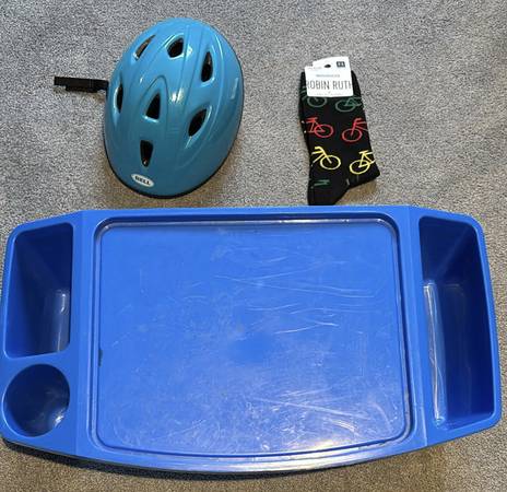 Misc. Bike Helmet, Brand New Socks, Bed Tray, Apple Cables, Shwr Curt 1