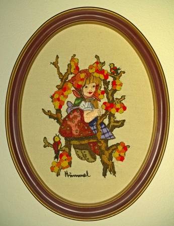 framed Hummel design crewel embroidery 1