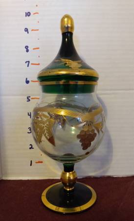 VTG 2 PC Stemmed Jar with Lid Green Glass and Gold Grape Pattern 1