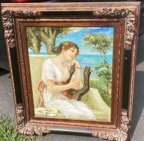 Exquisite Framed Oil Painting on Canvas: "Woman with Lyre by the Sea" 1