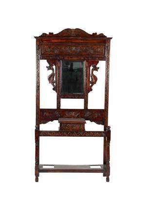 CARVED OAK MIRROR-BACK HALL TREE 1