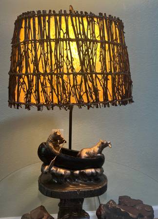 “Bears in a Canoe” Antique Bronze Table Lamp 1