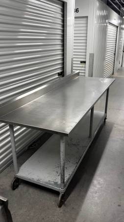 96”  x 30” backsplash WORK TABLE sturdy w/ extra bars under ON CASTERS 1