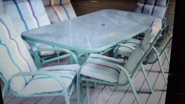 heavy duty 6 painted silver patio chairs, commercial table separate 1