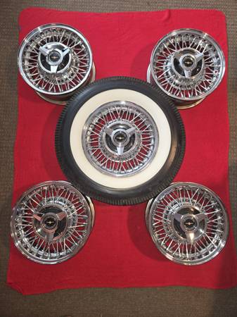 FIVE LIKE NEW THUNDERBIRD 14-IN WIRE WHEELS WITH CENTER CAPS 1