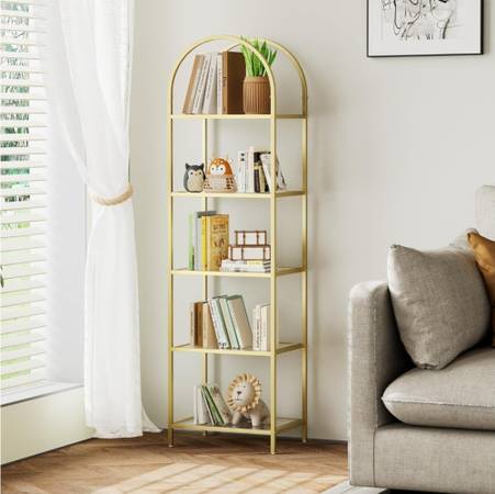 Multi-Use Slim Bookshelf Arched Display Tempered Glass Shelves, Golden 1