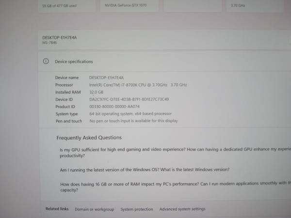 Construcción i7-8700K 6 núcleos-32GB RAM 512GB NVMe Win11 Pro 8GB GTX 1070 - $575 (Oceanside)63471351730307122