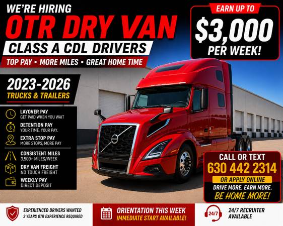🚨💲$3000/weekly: Class A OTR • Direct Deposit: No Forced Dispatch💲🚨 1