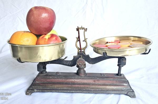 ANTIQUE SCALE WITH 2 ROUND SHINE BRASS TRAYS 1