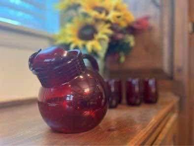 Vintage Depression Glass Ruby Red Tilting Pitcher Plus Juice Glasses 1