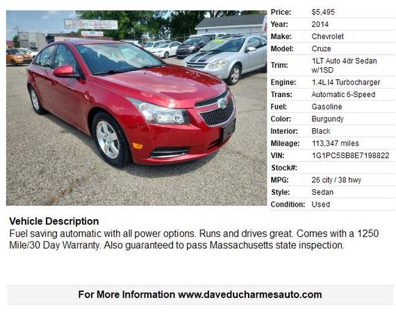 2014 Chevrolet Cruze LT *Aprobación de crédito garantizada* - $5,495 (Lowell, MA *www.daveducharmesauto.com*)63615449082499121