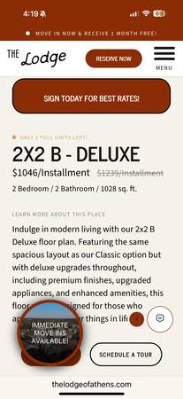 $934 / 1br - 1028ft2 - The Lodge of Athens. Free first month.  Sublease (Athens)63792067500033120