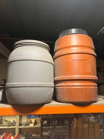 (2) various size plastic barrel drum food/drink equipment storage rain 1