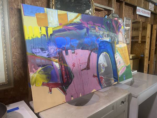 66"W x 40"T Vibrant Abstract Hand Painted Painting Used Good Condition 1