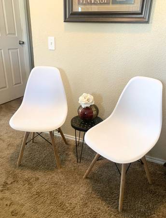 2 - Elon Series White Plastic  Chair with Wooden Legs modern/Retro. See pictures 1