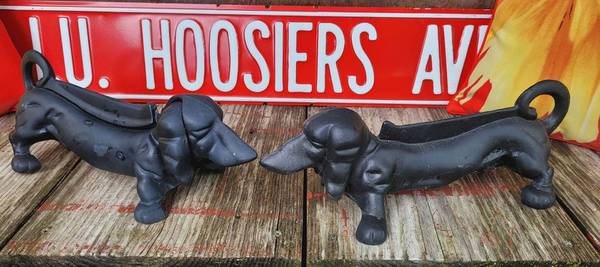 Pair vintage cast iron dachshund  boot scrapers 1